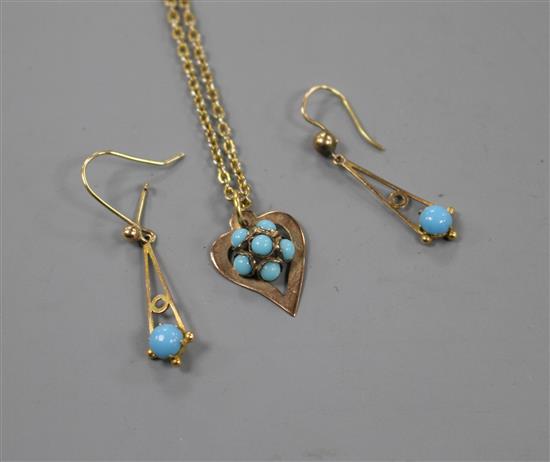 A pair of yellow metal and turquoise set drop earrings and a similar heart shaped pendant on a gilt chain, earrings 24mm.